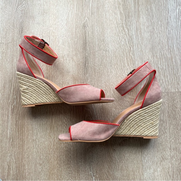 Anthropologie Liendo Seychelles Villa Wedges in Pink Suede with Red Trim size 8 - Picture 5 of 16